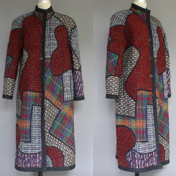 Vintage Koos Van Den Akker Women’s wool Coat Quilted Patchwork 80s sz 10, SMALL - Picture 3 of 12